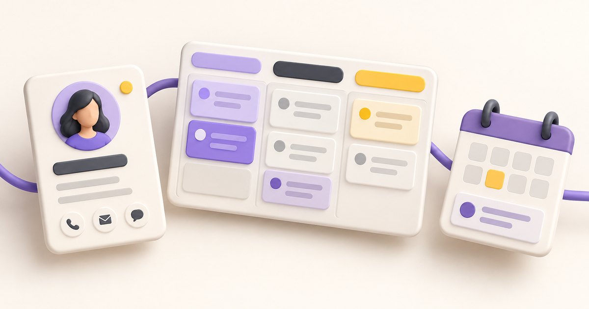 Иллюстрация CRM: карточка клиента, доска сделок и задача в календаре